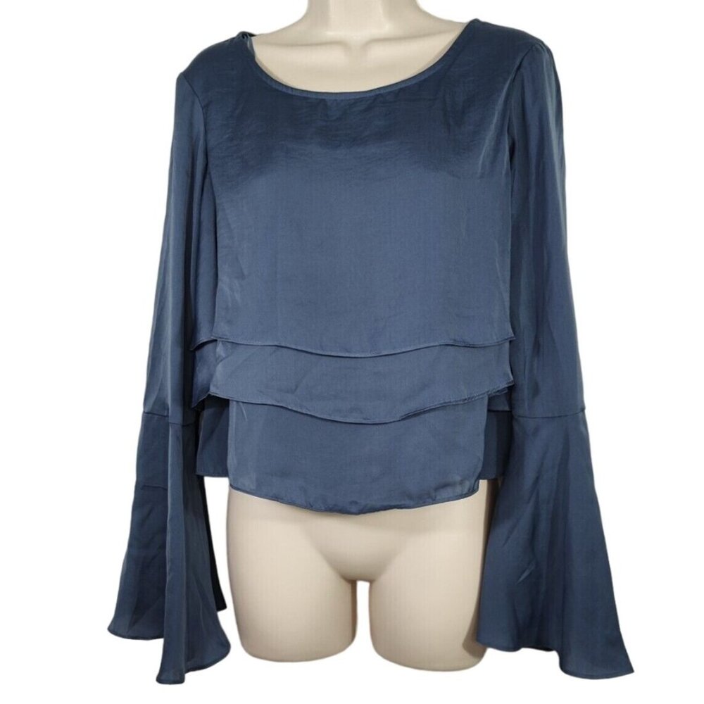 GB Blue Layered Tier Crop Top Shirt Women Size M Long Bell Sleeve Keyhole - Picture 2 of 9